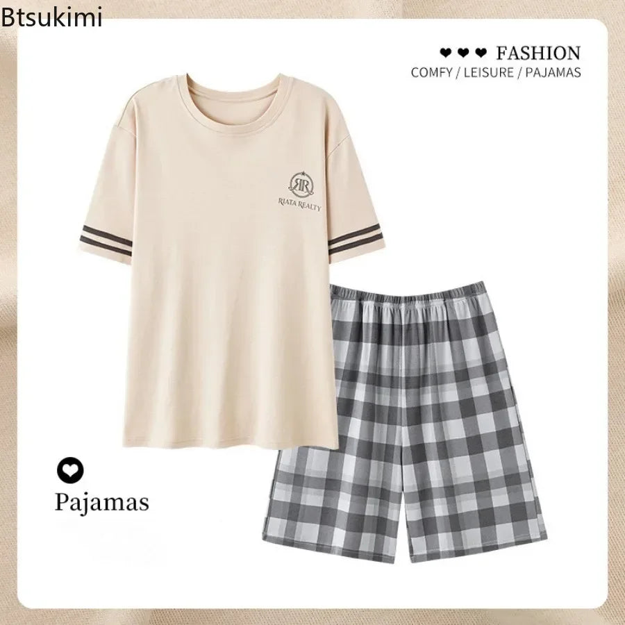 2024 New Men's Summer Short Sleeve Shorts Pajamas Sets Fashion Printed Loose Lounge Home Suit Men Simple Casual Cotton Sleepwear