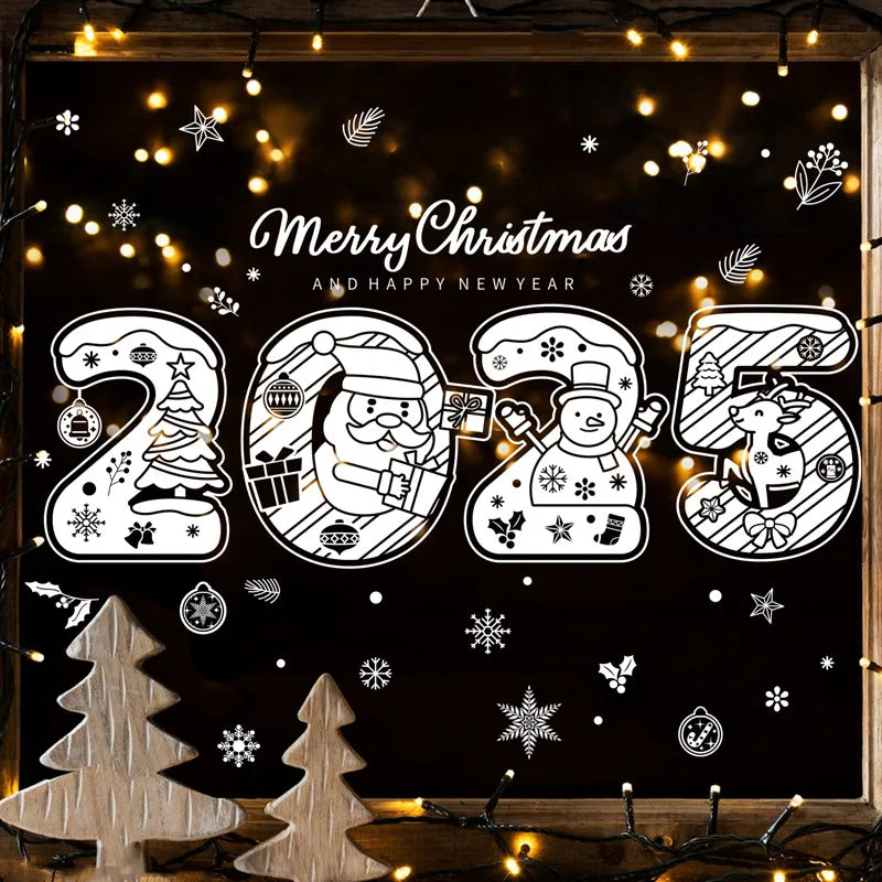 2025 Merry Christmas Electrostatic Window Sticker Happy New Year Shopping Mall Window Sticker Santa Claus Snowflake Window Decal