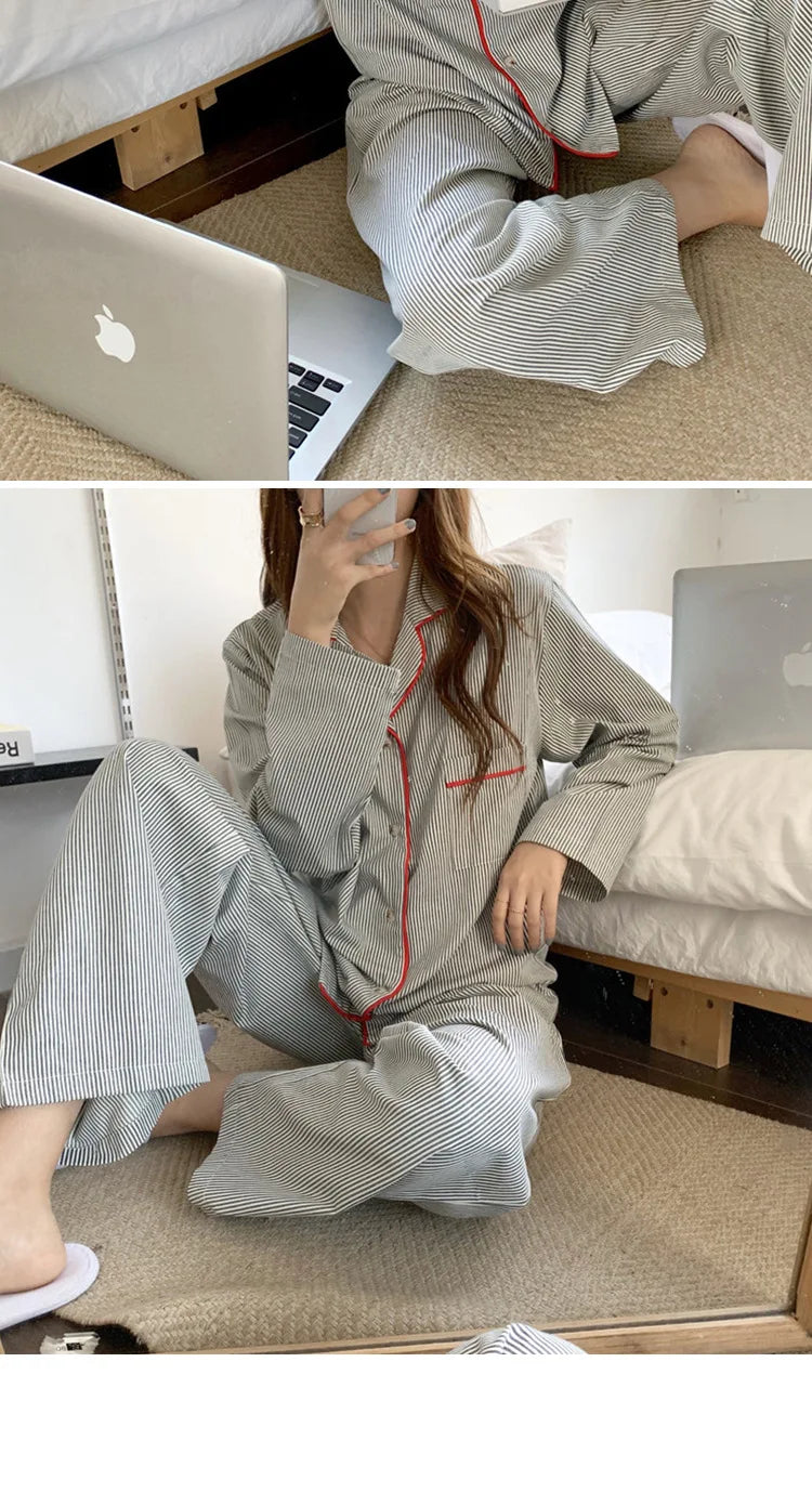 Korean Fashion Striped Leisure Wear Pajama 2 Piece Set Women Nightgown Cosplay Sexy Pajama 2024 New Autumn Winter Pajama Sets