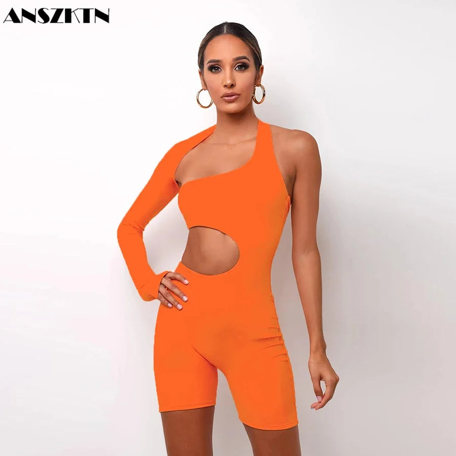 ANSZKTN Skinny Fitness Womens Playsuit 2020 Asymmetrical Solid Ladies Jumpsuits Elastic Ribbed Jumpsuits Bodycon Jumpsuit