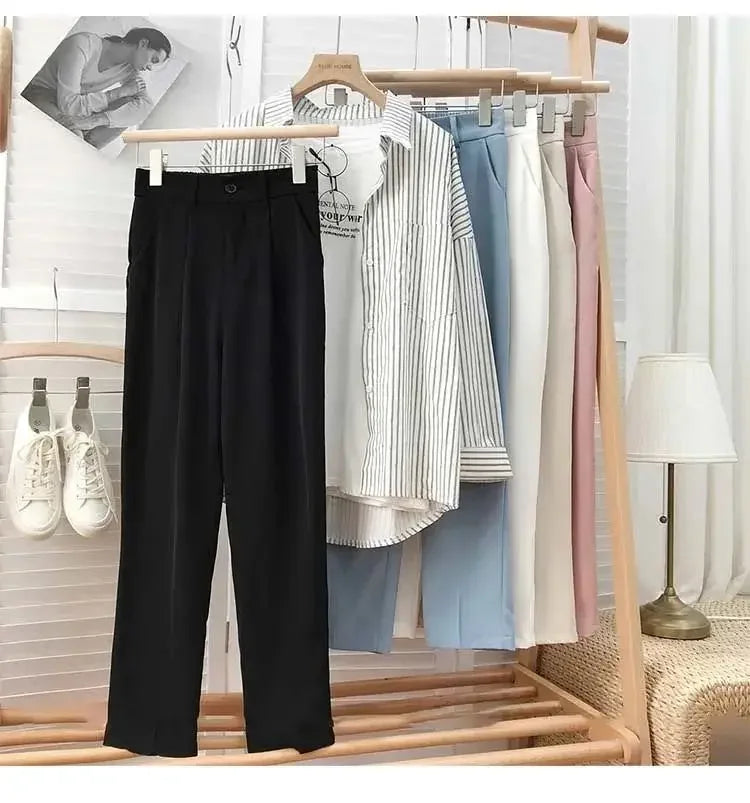 Fashion Elastic High Waist Suit Pants Women Spring Casual Loose Straight Black Trouser Office Ladies Nine Points Streetwear