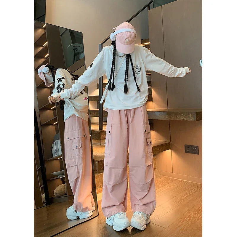 Y2K Cargo Pants Women Harajuku Oversized Sweatpants Black Pockets Wide Leg Joggers Streetwear High Waist Baggy Sports Trousers