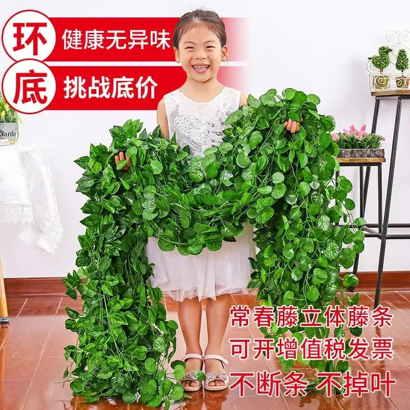 2.2M Artificial Plant Green Ivy Leaf Garland Silk Wall Hanging Vine Home Garden Decoration Wedding Party DIY Fake Wreath Leaves