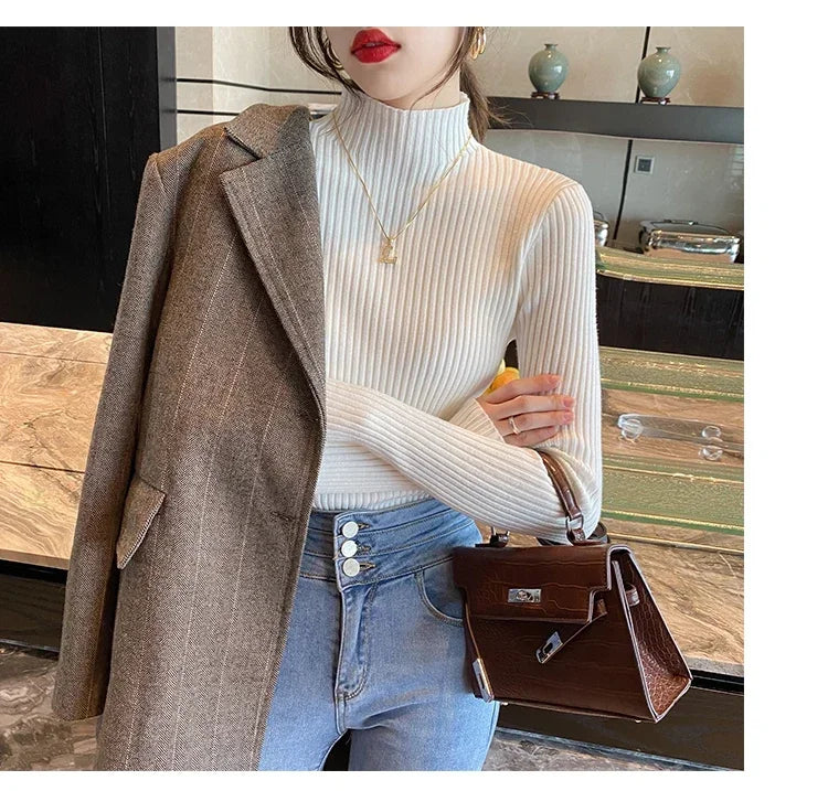 Autumn Winter Women Clasi Striped Solid Slim Y2k Turtleneck Sweater Pull Fashion Knitwears Pullovers Clothing Jumper Blouse