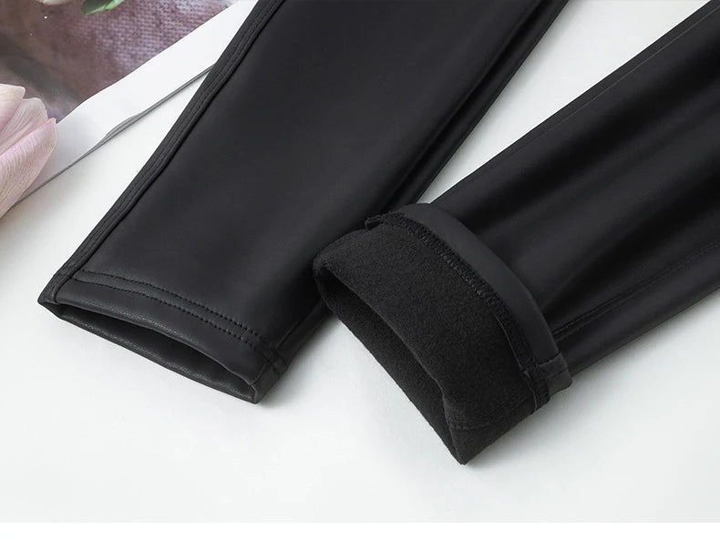 BIVIGAOS 2024 Fall Winter High-Grade Fleece PU Leather Leggings Women High Waist Hip Lift Tight Sexy Faux Leather Warm Leggings