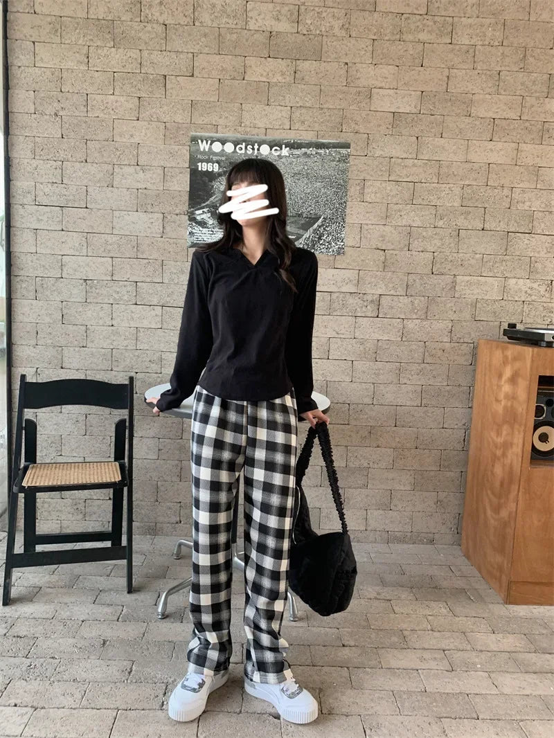 Fashion Warm Plush Pants Cashmere Thick Plaid Ladies Winter Casual Loose Wide-legged Pants Korean Streetwear Students