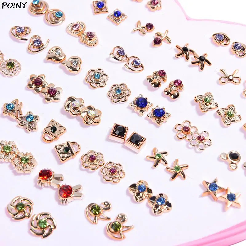 36 Pairs Fashion Women Girls Resin Plastic Crystal Diamante Flower Stud Earrings Set Random Style Gold Color Jewelry