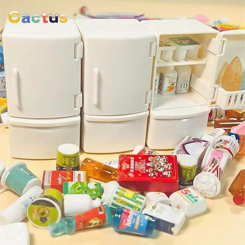 1 Set 1/12 Mini Dollhouse White Refrigerator With Food Set Kitchen Toys Miniature Furniture Fridge Decorations Toy Accessories