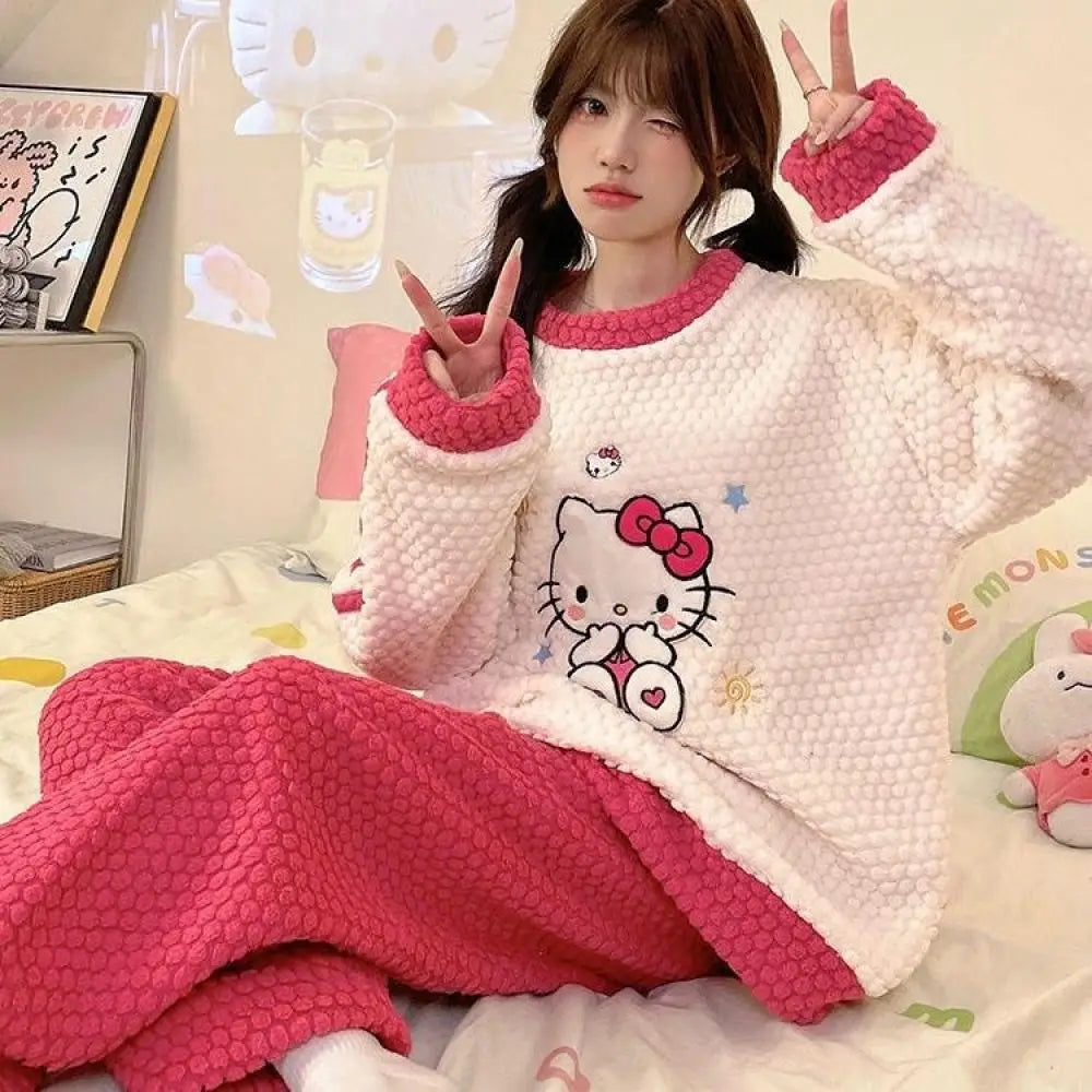 Women Cute Hello Kitty Pajamas Pants Suit Sanrioed Anime Kawaii Spring Winter Cardigan Plush Coral Fleece Red Cartoon Homewear