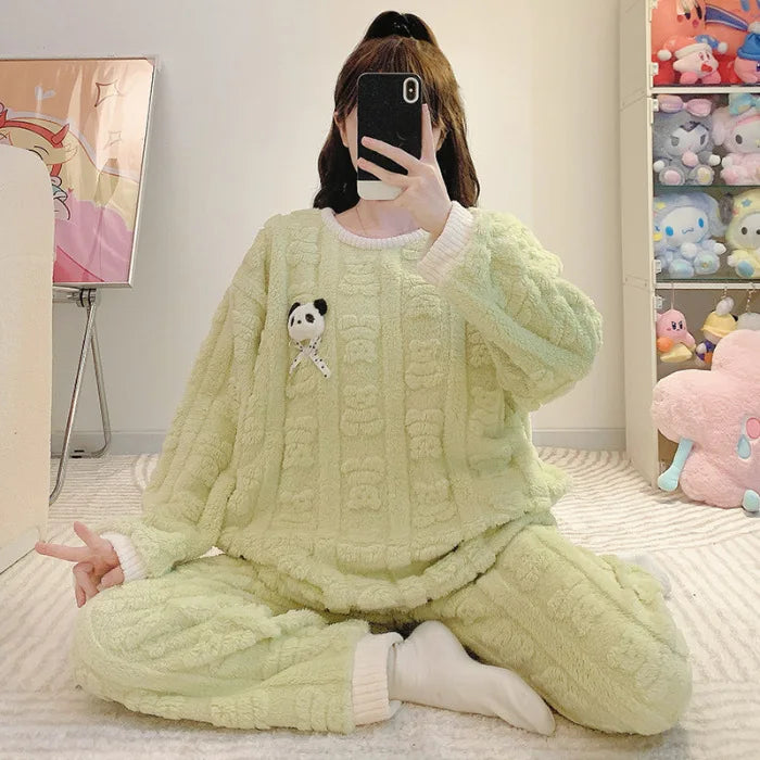 5XL Cartoon Coral Fleece Pajamas Women Plus Size Winter Thickened Student Loungewear Can Be Worn Outside Long Sleeve Sleepwear