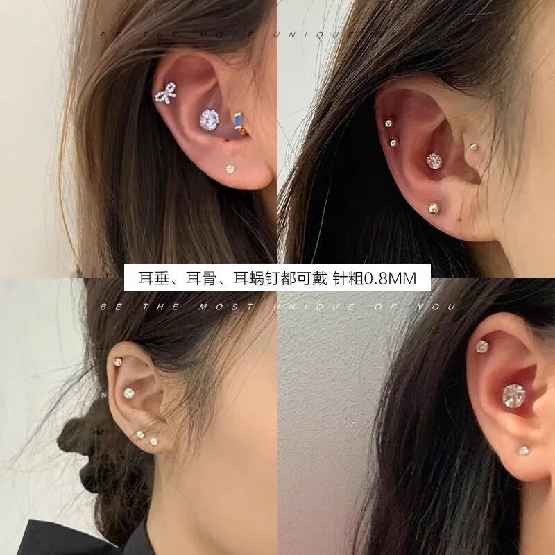 S925 Silver Needle Shining Zircon Ear Bone Earrings for Women Girls Geometric Cartilage Helix Piercing Stud Earring Jewelry Gift