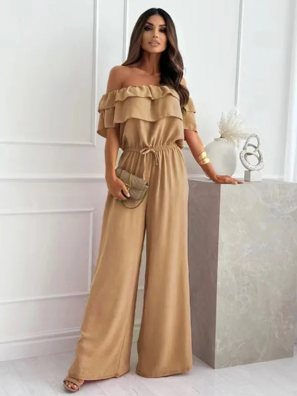 New Fashion Women's S-2XL Size Solid Color Jumpsuit Ladies Casual Off-the-Neck Short Sleeve Waist-Controlled Jumpsuit Rompers