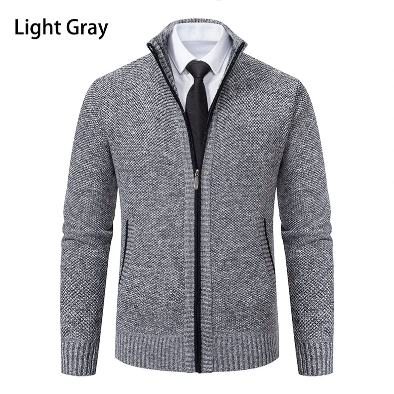 Autumn And Winter New Jersey Men's Casual Sports Coat Solid Color Stand Collar Wweater Grab Fleece Warm Zipper Cardigan