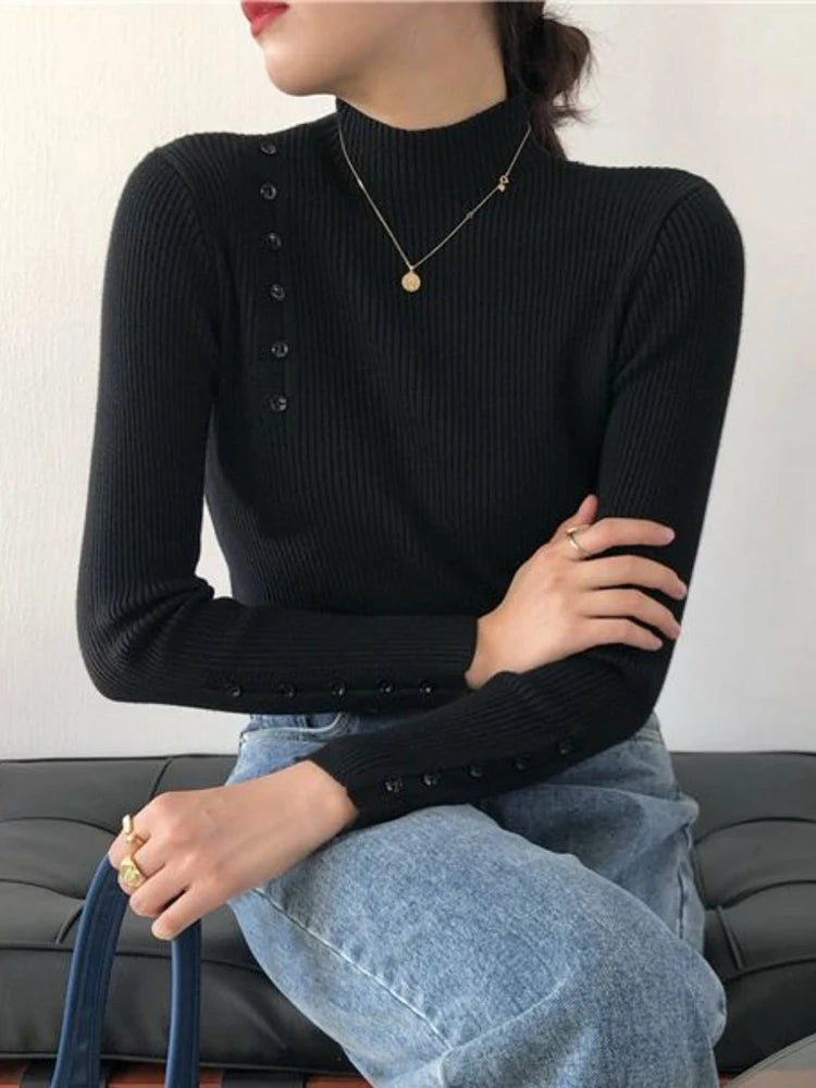 Women Knitted Sweater Long Sleeve Button Turtleneck Slim Pullovers for Autumn Winter Female Sweaters Soft Warm Bottoming Tops