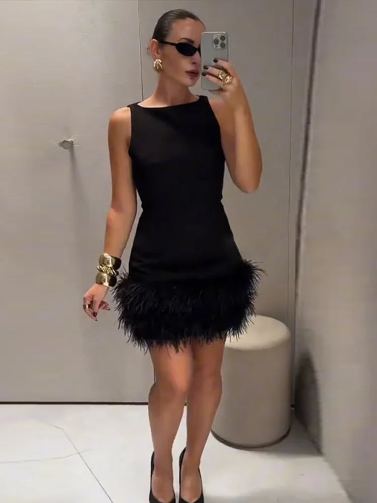 Sleeveless Feather Short Dress Black Women Socialite Party Evening Gown Round Neck Slim Fit Plush Ladies Fashion Slimming Dress