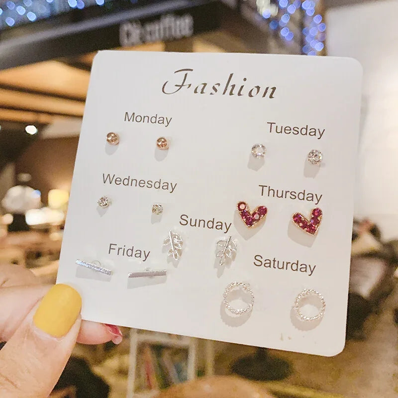 2024 Korean Fashion Exquisite Af Aweek Earrings Set 7 Pairs of Simple and Sweet  Earrings Set Combination of Week Jewelry Gifts