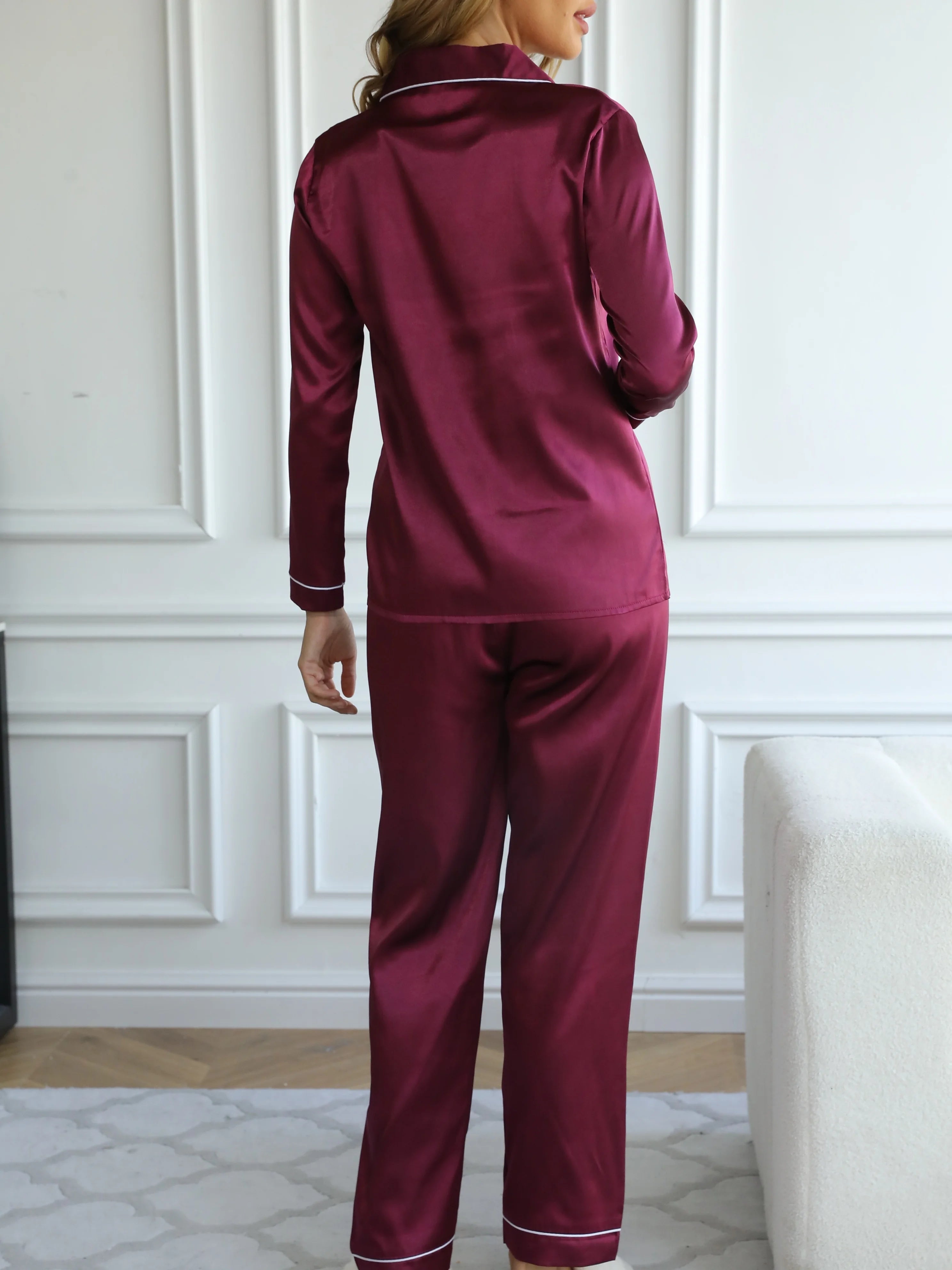 Solid Pajama Set Long Sleeve Button Up Lapel Top & Pants Pj Set Women's Sleepwear & Loungewear