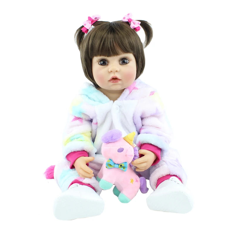 BZDOLL 55cm 22inch Lifelike Reborn Baby Girl Doll Soft Silicone Long Brown Hair Realistic Princess Toddler Bebe Birthday Gift