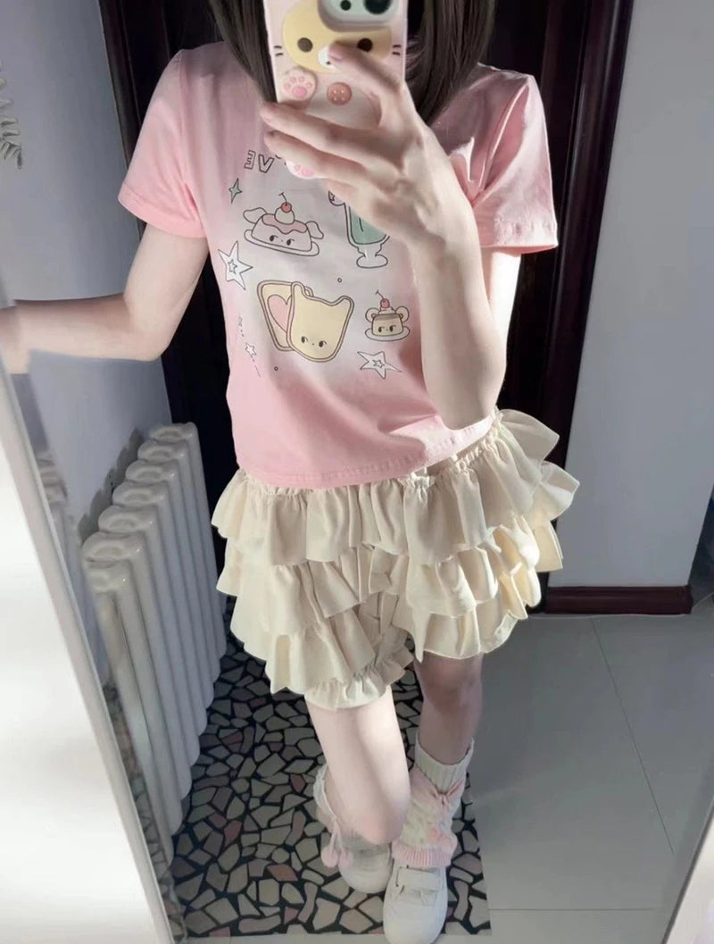 MEXZT Y2K Sweet Ruffles Mini Skirt Women Kawaii Lolita Bow A Line Skirts Harajuku Japanese High Waist Pink White Ball Gown Skirt