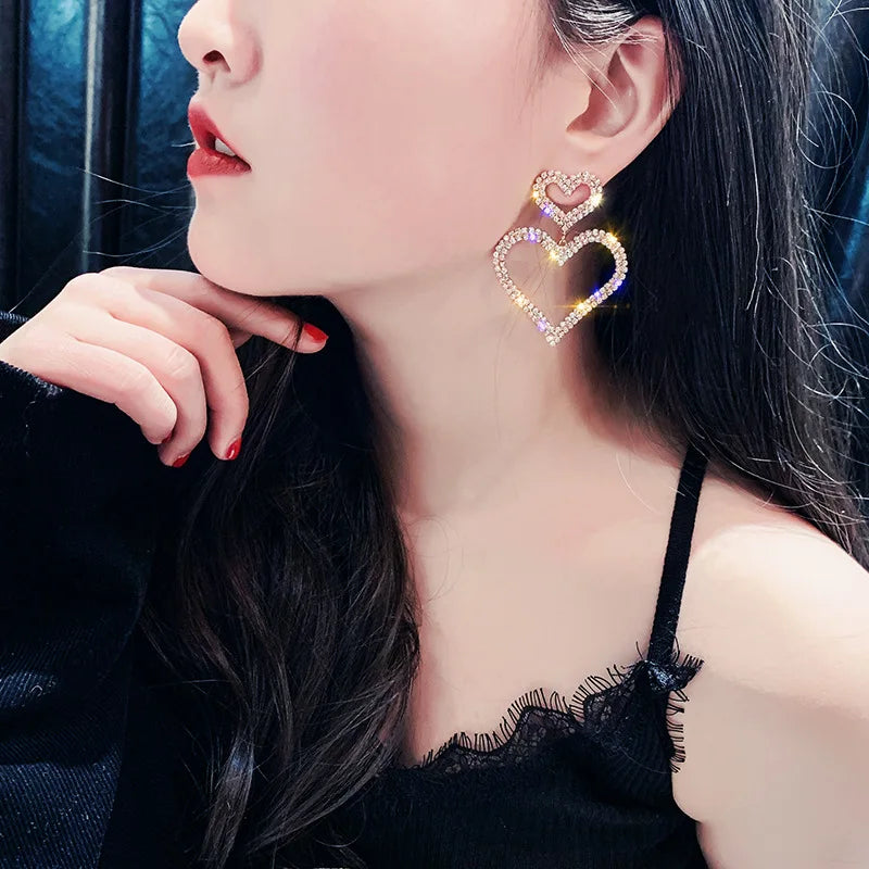 Luxury Big Double Love Heart Rhinestone Drop Earrings for Women Girls Crystal Korean Statement Wedding Party Ear Jewelry Gifts