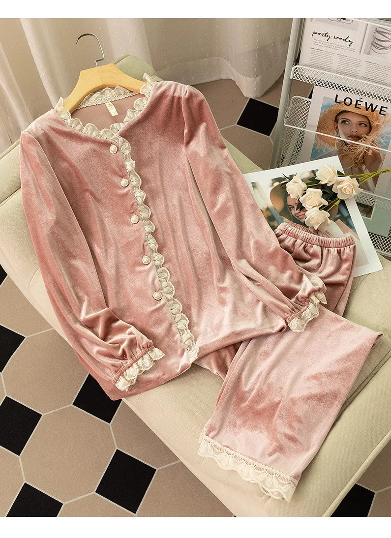 Women's Velvet Sleepwear Comfortable Lace Top Long Trousers Pajamas Set Home Clothes Ladies Nightwear Outer Clothes Pijama Mujer