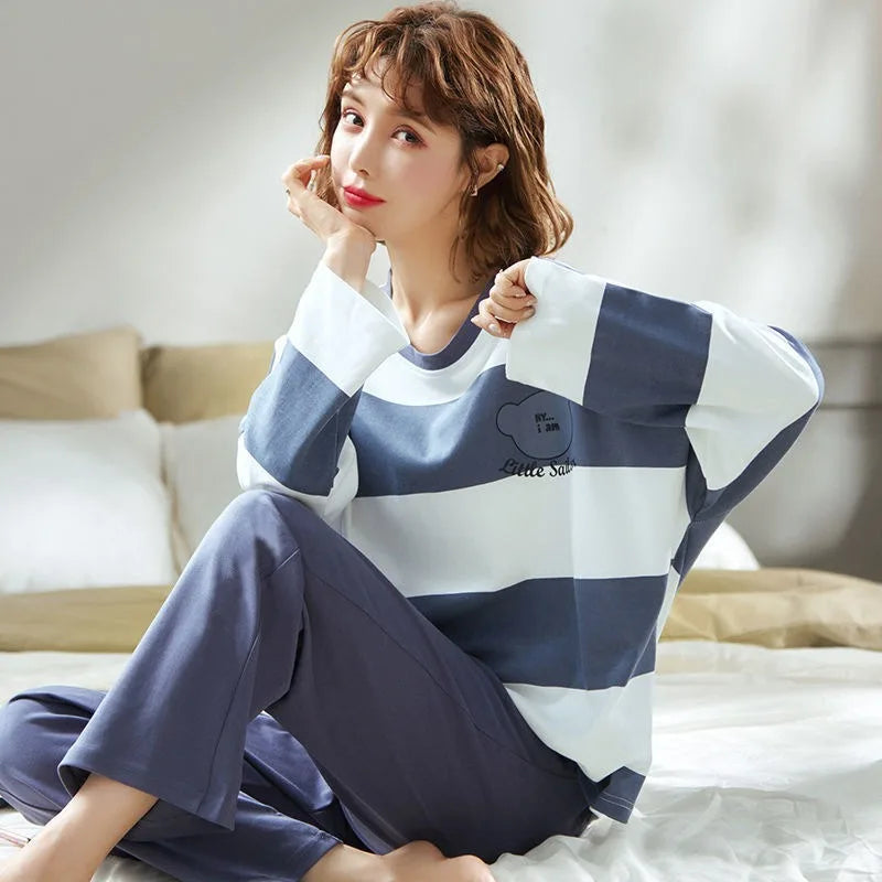 Women Sleepwear Korean Version Round Neck Top Long Trousers Homewear Two-Piece Set Striped Plaid Ladies Nightwear Loungewear