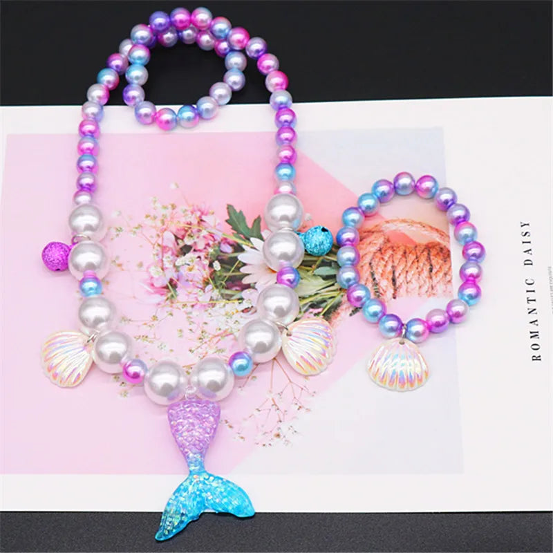 2/5pcs Girls Jewelry Sets Mermaid Pearl Necklace Bracelet Ring Earring Set Kids Toys Children Princess Fashion Accessories Girl