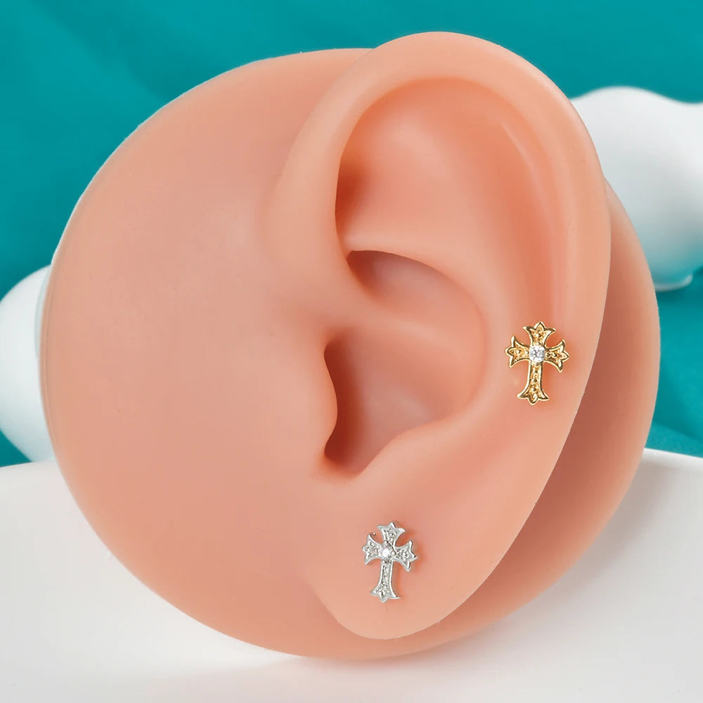 2PCS Cross Stud Earrings for Women Girls Men Labret Crystal CZ Helix Tragus Cartilage Ear Studs Punk 20G Piercing Jewelry