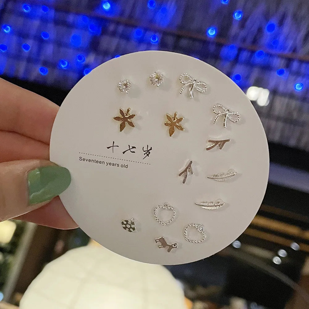 7Pairs Women Acrylic Crystal Small Stud Earring Set Girl Child Heart Star Animal Moon Crown Plastic Earring Brincos Jewelry Gift