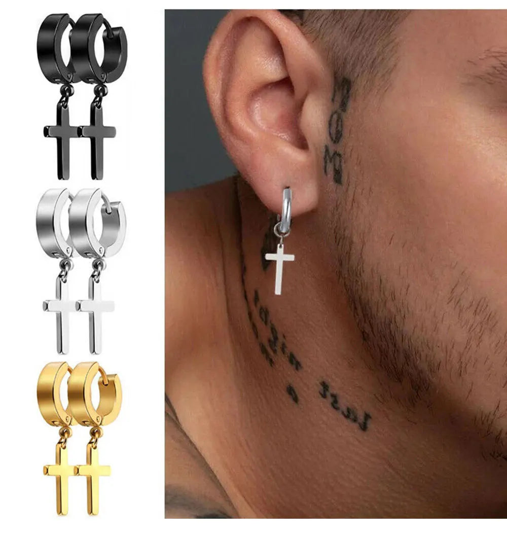 2pc Stainless Steel Men Cross Stars Punk Dangle Earrings Gothic Woman Cross Ear Hoop Earrings Huggies Pendant Piercing Jewelry