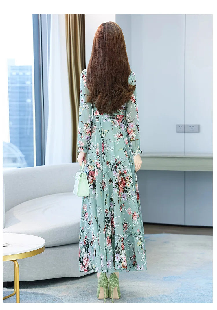 Spicy Mom Dress Chiffon Moms Korean Edition New Autumn and Winter Fragmented Flower Long Style New Long sleeved Medium Long UAFP