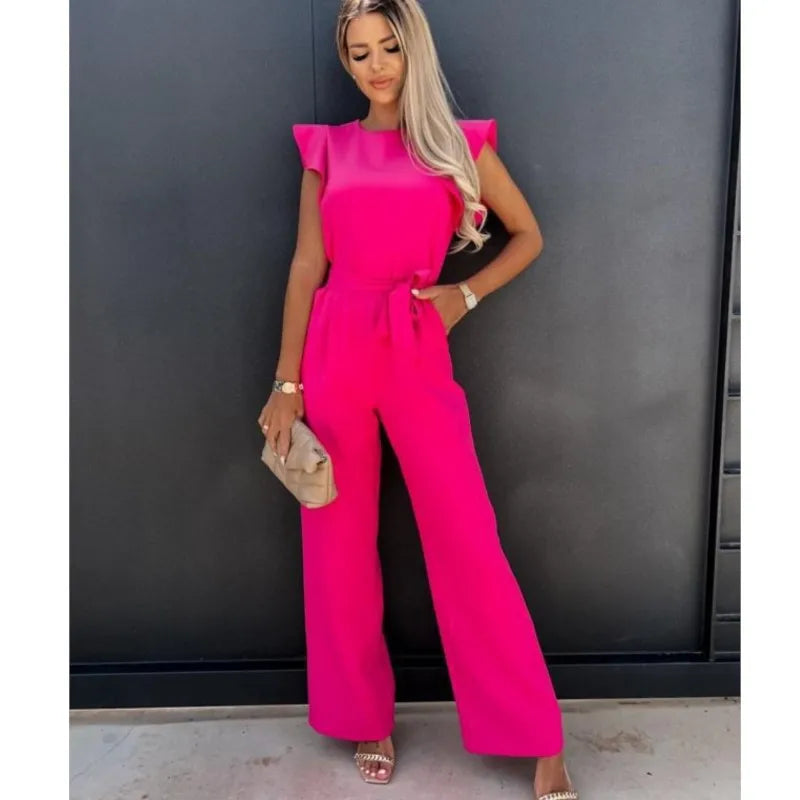 Summer Temperament Commuting Pleated Lace Up Jumpsuit Fashionable Rose Red Round Neck Short Sleeved Jumpsuit Women's Jumpsuit