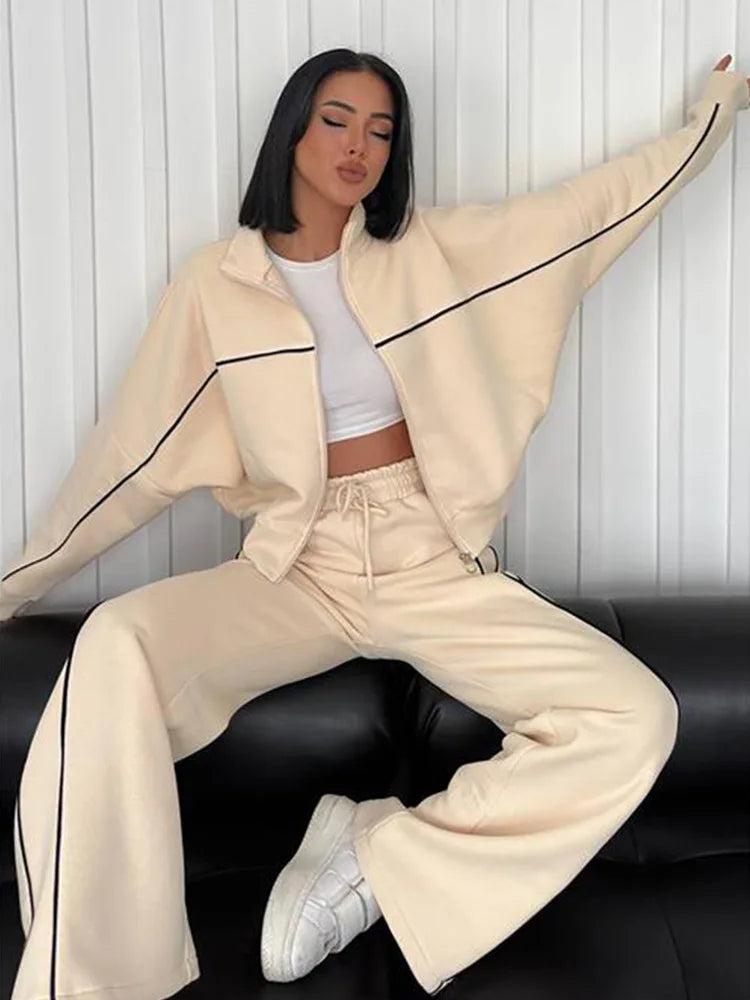 Casual Sports Suits Long Sleeved Half High Collar Cardigan Sweater Lace up Striped Pants Women Clothing Two Piece Set Tracksuit