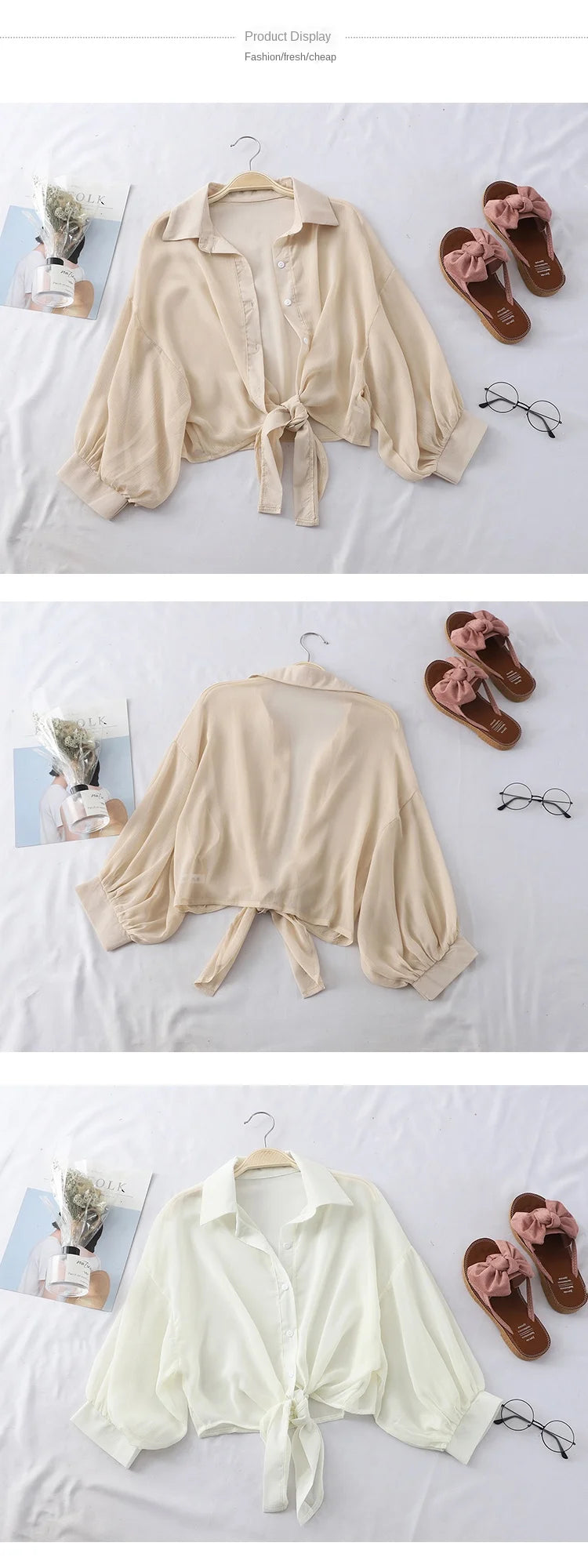 Elegant Solid Color Tied Waist Blouse Casual Loose Hollow Solid Clothes Women Summer Bat Half Sleeve Button Chiffon Shirt 9776