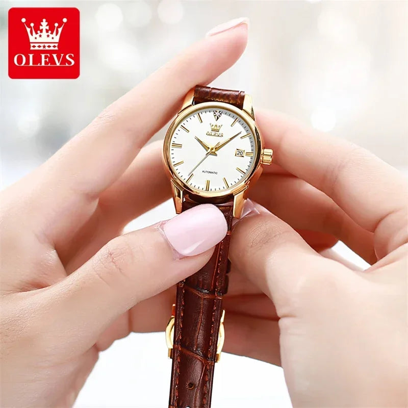 OLEVS Automatic Mechanical Skeleton Watch for Women New Casual Leather Strap Waterproof Elegant Women's Wristwatches Reloj Mujer