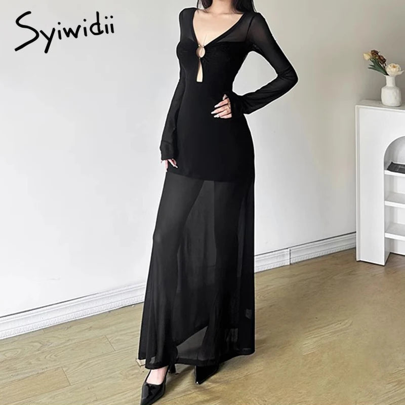 Syiwidii Vintage Printing Women Bodycon Dress Mesh See Through Hollow Out V Neck Long Sleeve Dress Beach Vacation Simple Dresses