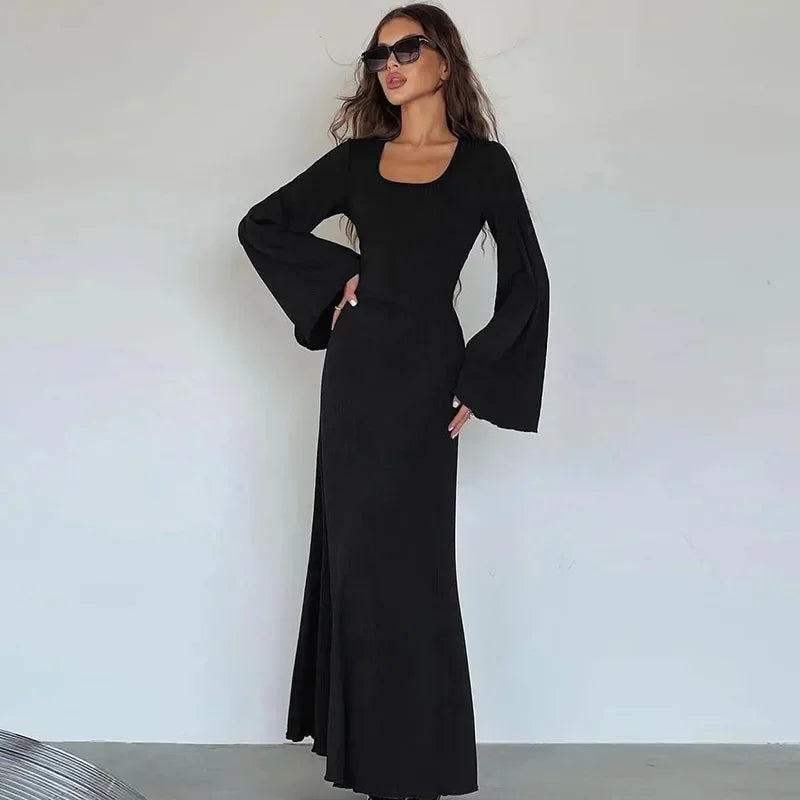 Fashionable Loose-Fit Long Sleeve Dress Women's Autumn 2024 U-Neck Back Strap Cross-Border European And American Style