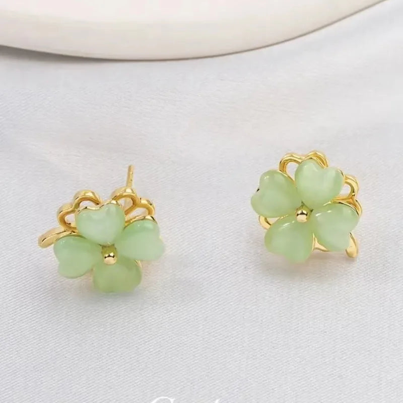 Fashion Classic Rotatable Rings Choker Green Clover Earrings Women Stainless Steel Earrings Pendant Jewelry Set for Women Gift