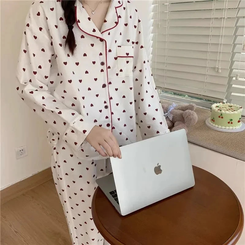 Large Size Sexy Nightwear Women Sleepwear Autumn and Winter Cardigan Home Wear Peach Heart Long Sleeves School Silk Pajamas