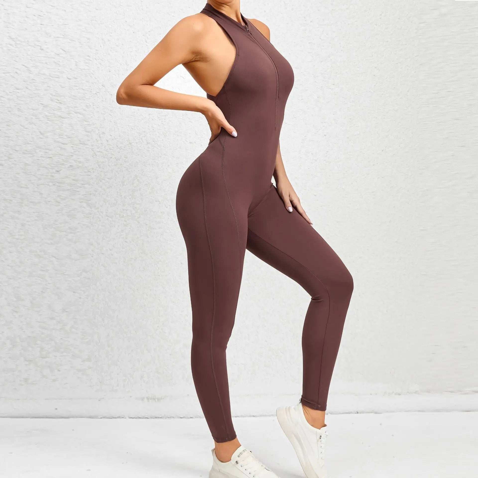 Sexy Hollow Backless Scrunch Sporty Jumpsuit Raises Butt Woman Gym Set One Piece Sport Suit Sleeveless Zip Yoga Fitness Overalls