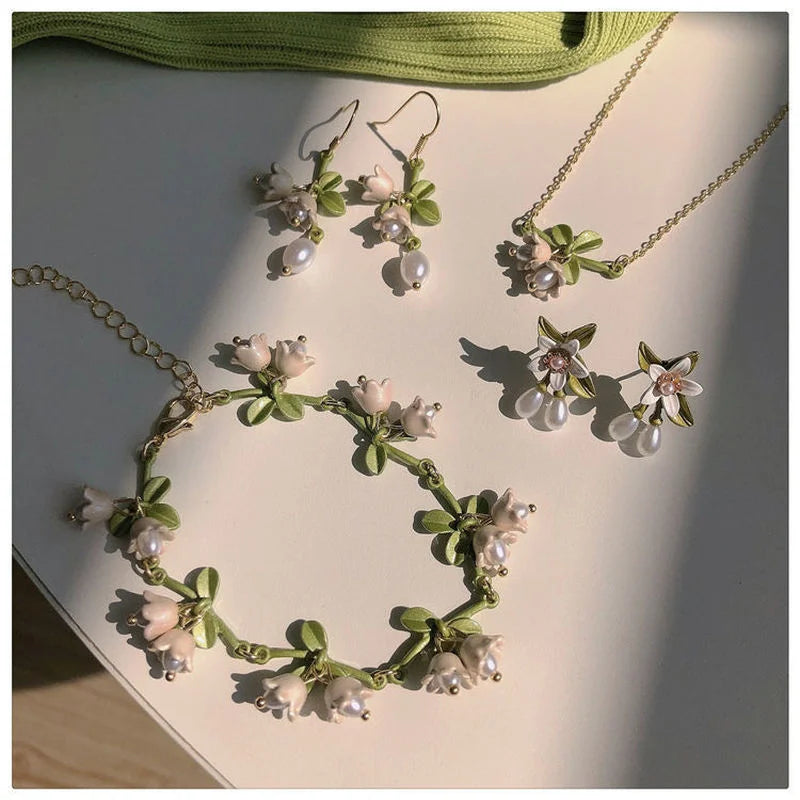 4PCS/Set Romantic White Flower Pearl Jewelry Set Lily of The Valley Vintage Earrings Necklace Bracelet for Women Gift Bijoux