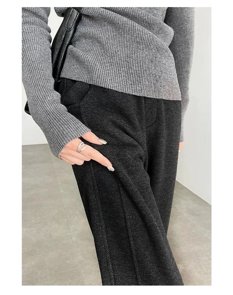 Women's Autumn/Winter New Herringbone Striped Flannel Wide leg Pants Woolen Split Pants Straight leg Narrow Version Banana Pants