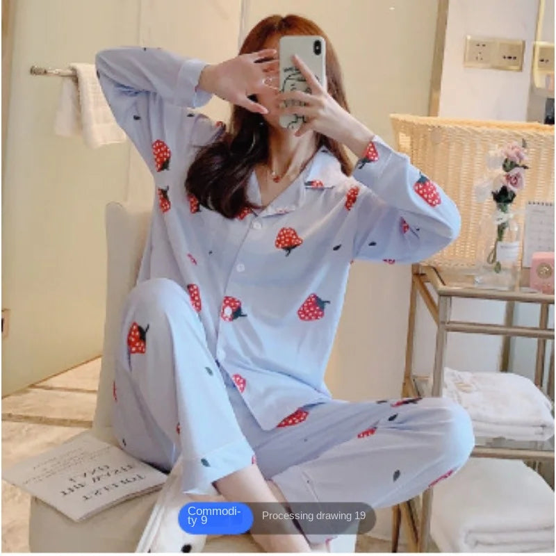 women's pajamas set cardigan printed long-sleeved trousers homewear two-piece blue strawberry pattern college students sleepwear