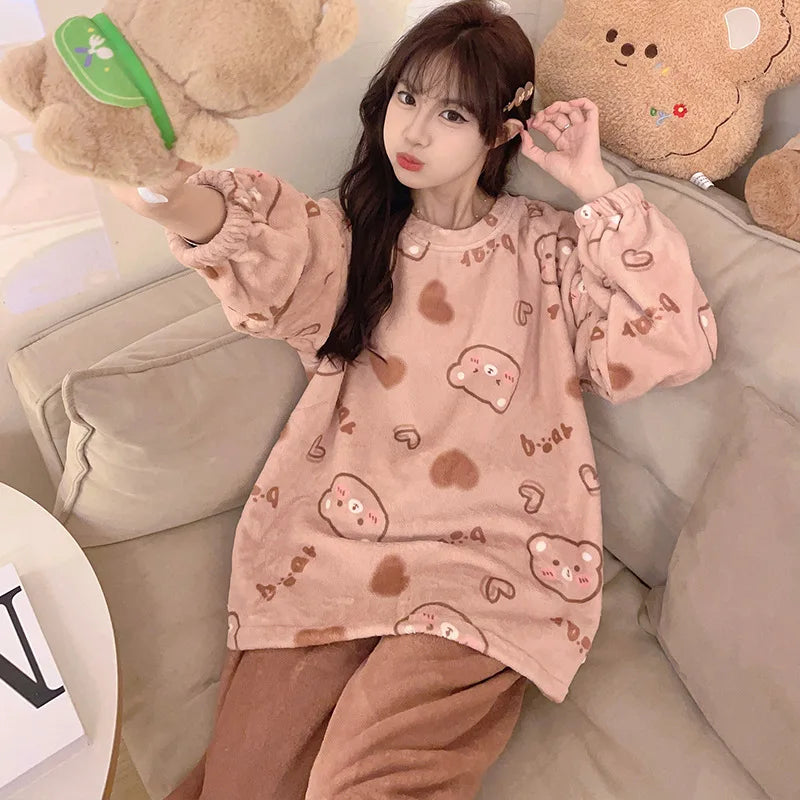 Flannel Warm Pyjamas Set for Women's Padded Plus Size Student Nightwear Ladies Sweet Breathable Crew Neck Sleepwear Loungewear