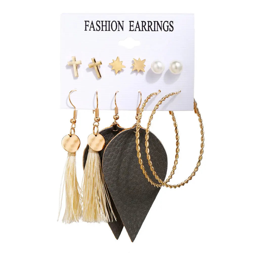 6Set Hot Selling Bohemian Style Moon Triangle Tassel Earring Set with Six Pairs of Retro Holiday Party Trendy Earrings for Women