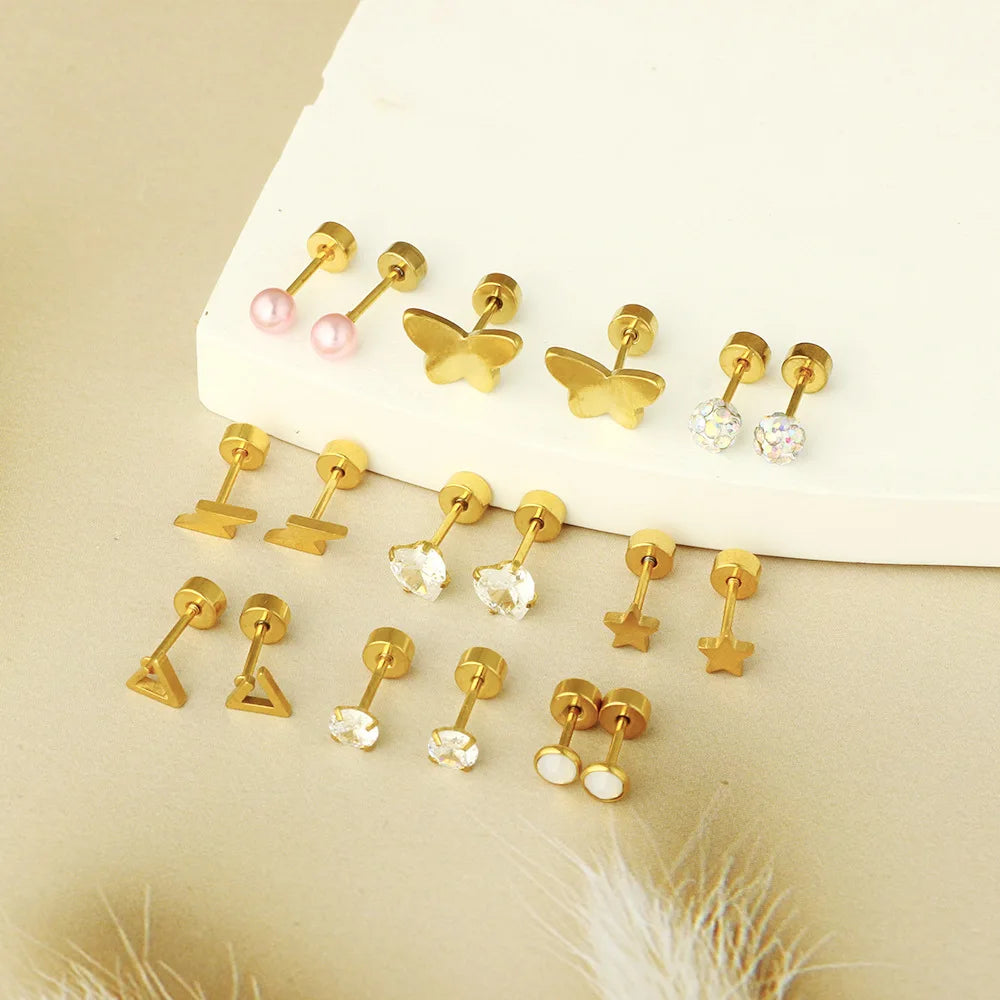 2PCS/Set Stainless Steel Gold Flower Cross Stud Earrings for Women Cute Mini Pearl Earrings Tragus Cartilage Piercing Jewelry