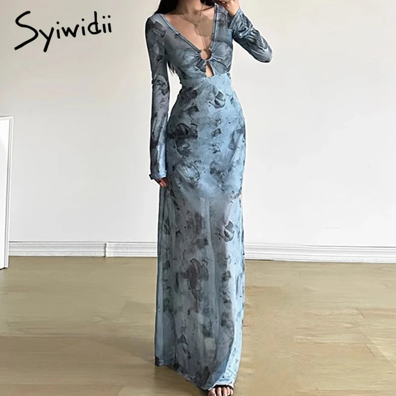 Syiwidii Vintage Printing Women Bodycon Dress Mesh See Through Hollow Out V Neck Long Sleeve Dress Beach Vacation Simple Dresses