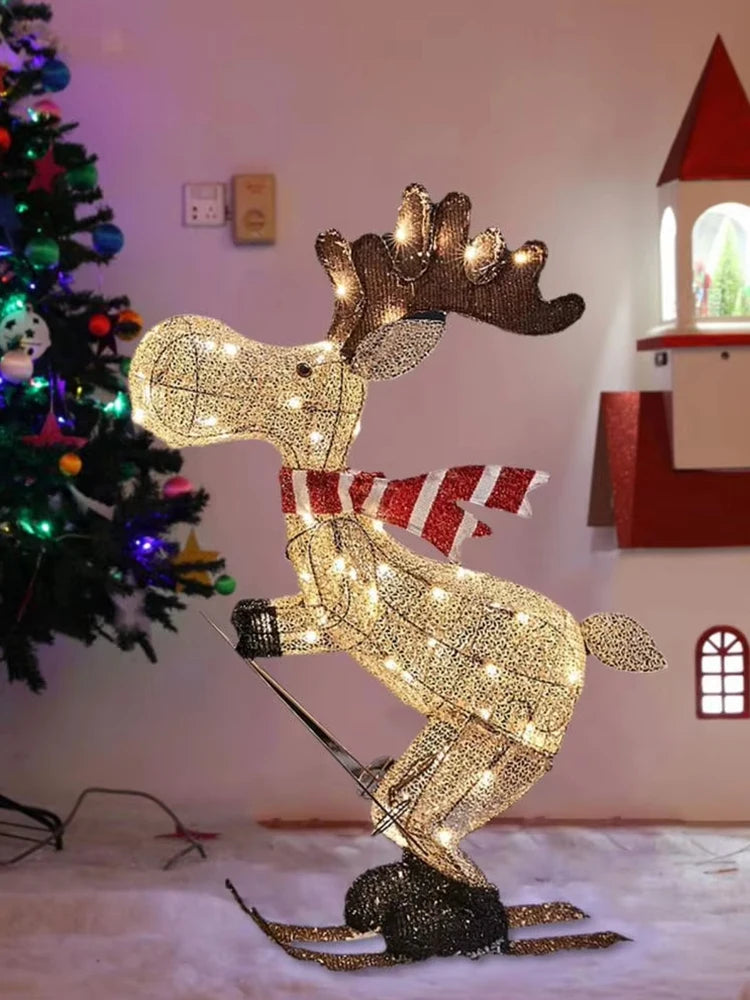 Lighted Reindeer Ornaments Glowing Ski Deer Statue with LED Lights String 3D Standing Reindeer Figurines for Christmas Decoratio