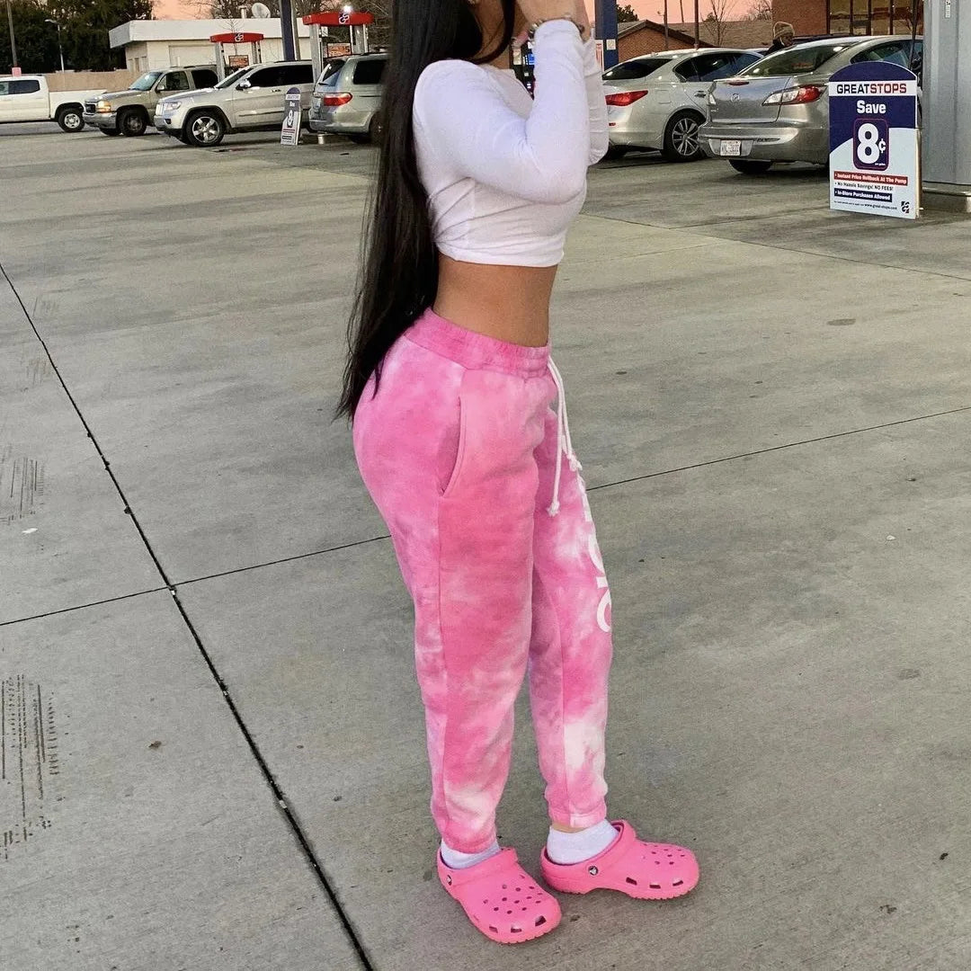 Tie Dye Fashion Streetwear Pink Joggers Women's Drawstring Sweatpants Sports Wear Women Crop Top and Jogging Pants