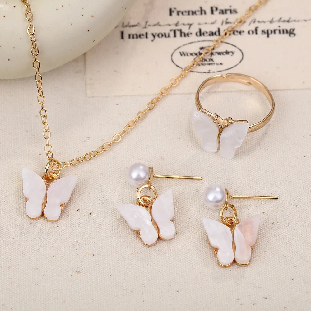 4pcs/Set Sweet Jewelry Set Butterfly Pendant Imitation Pearl Necklace for Women Pearl Earrings Girl Jewellery Women Gift